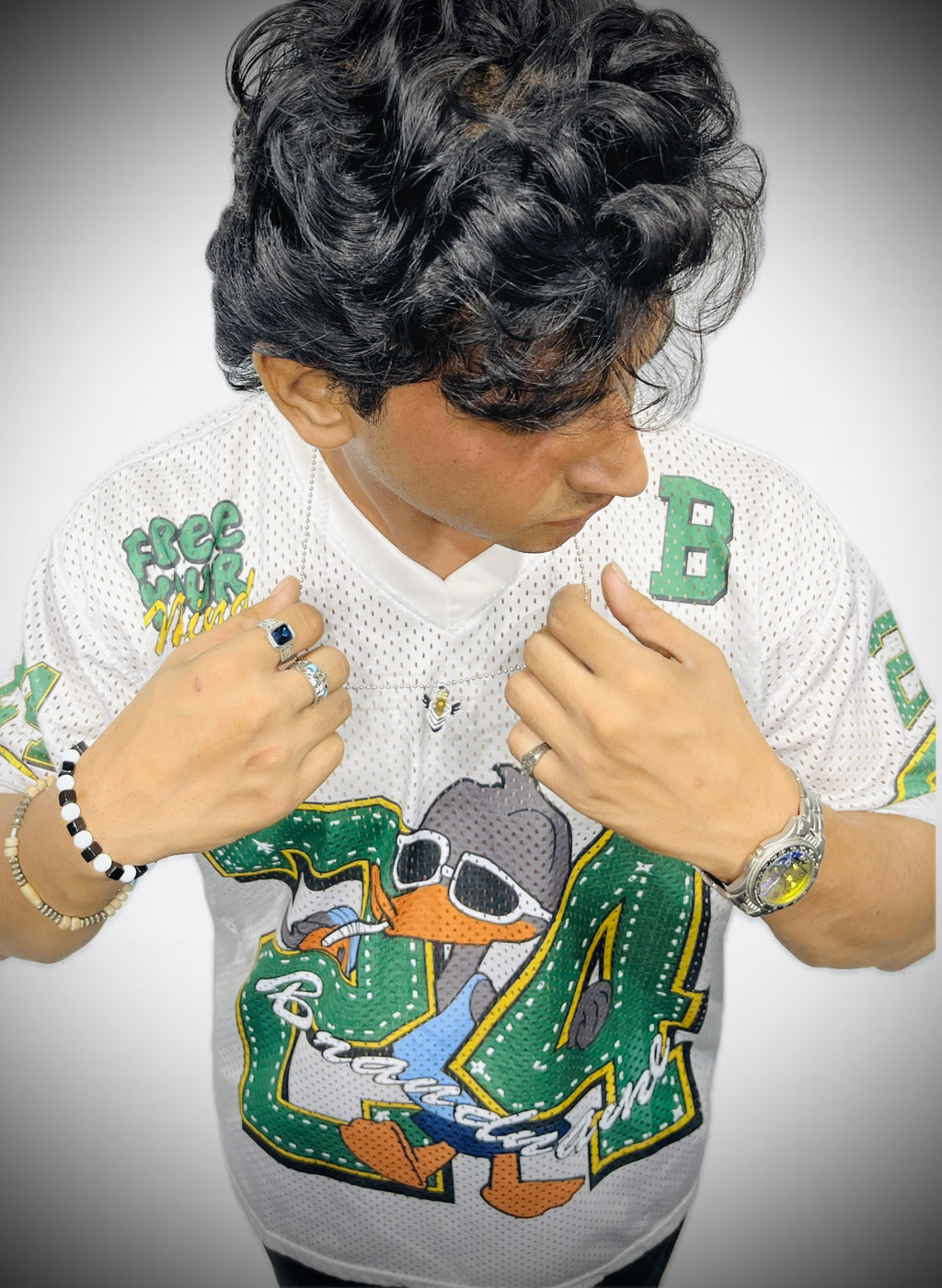 Cartoon Duck 24 Oversized Mesh Jersey (White/Green)