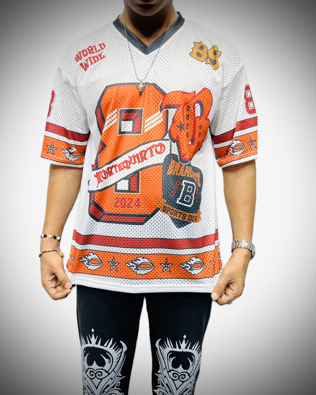 LOSTROL Oversized Mesh Jersey – White & Orange